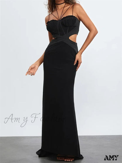 Amy Fashion - Women Black Halter Sleeveless Slim Waist Hollow Out Spaghetti Strap Evening Summer