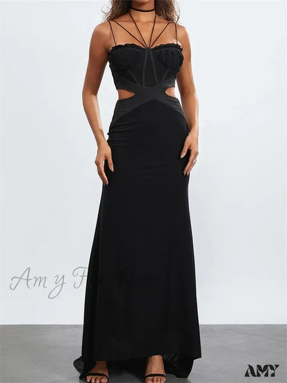 Amy Fashion - Women Black Halter Sleeveless Slim Waist Hollow Out Spaghetti Strap Evening Summer