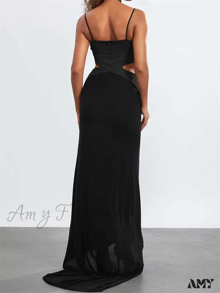 Amy Fashion - Women Black Halter Sleeveless Slim Waist Hollow Out Spaghetti Strap Evening Summer