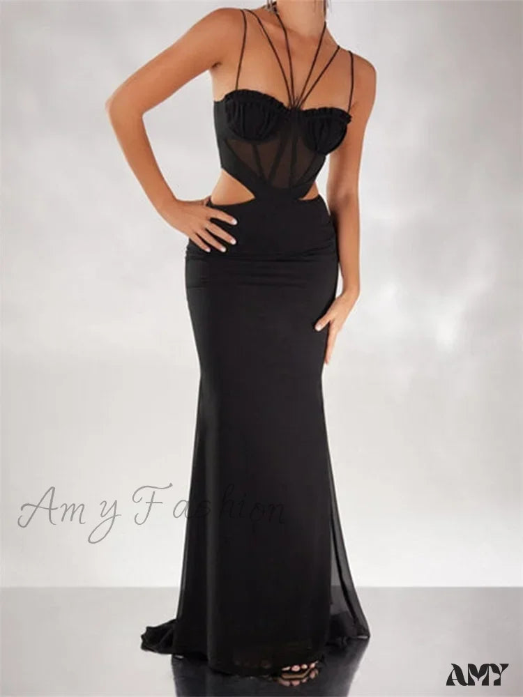 Amy Fashion - Women Black Halter Sleeveless Slim Waist Hollow Out Spaghetti Strap Evening Summer