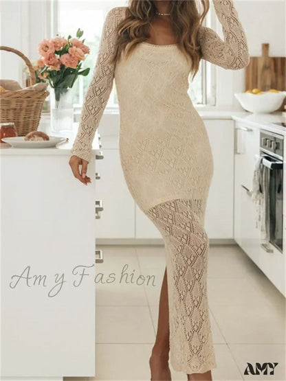 Amy Fashion - Women Bodycon Lace See Through Hollow Out O-Neck Sleeve Back Split Party Female