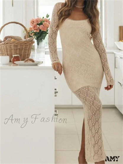 Amy Fashion - Women Bodycon Lace See Through Hollow Out O-Neck Sleeve Back Split Party Female