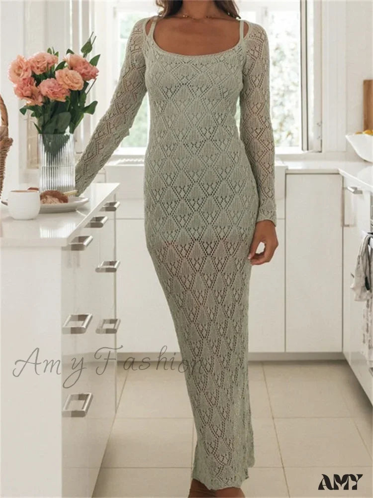 Amy Fashion - Women Bodycon Lace See Through Hollow Out O-Neck Sleeve Back Split Party Female