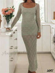 Amy Fashion - Women Bodycon Lace See Through Hollow Out O-Neck Sleeve Back Split Party Female