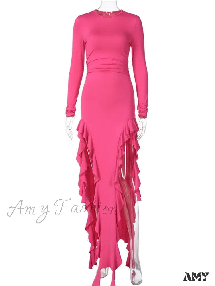 Amy Fashion - Women Bodycon Sleeve Solid Color High Split Ruffles Ruched Party Female Vestidos