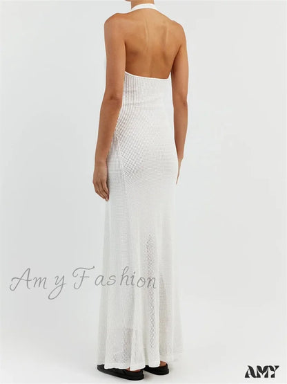 Amy Fashion - Women Bodycon Solid Deep V Neck Halter Sleeveless Backless Knitted Summer Holiday