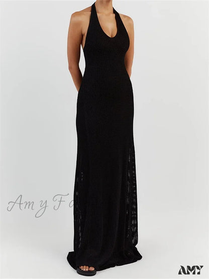 Amy Fashion - Women Bodycon Solid Deep V Neck Halter Sleeveless Backless Knitted Summer Holiday