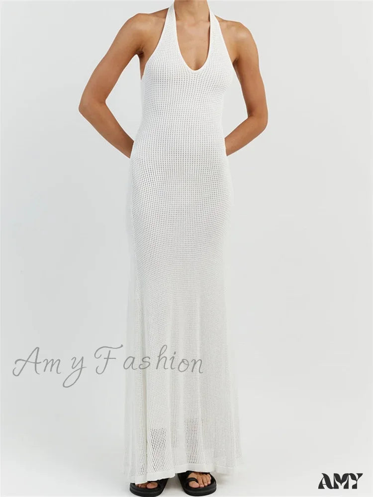 Amy Fashion - Women Bodycon Solid Deep V Neck Halter Sleeveless Backless Knitted Summer Holiday