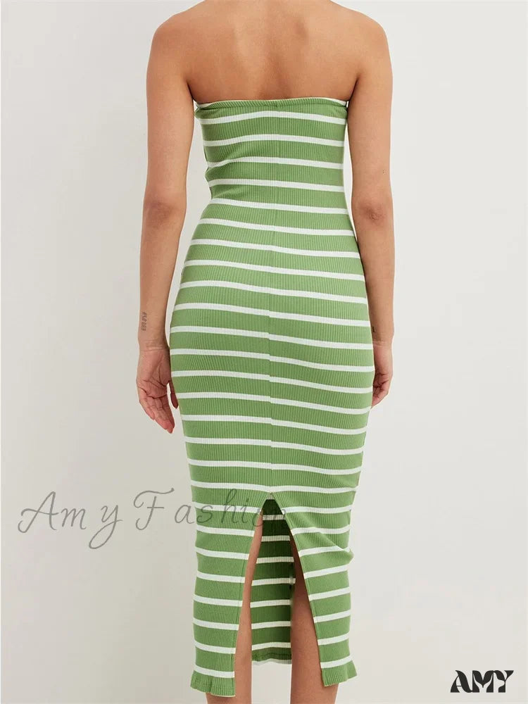 Amy Fashion - Women Bodycon Striped Strapless Off Shoulder Backless Tube Summer Split Knitted Party