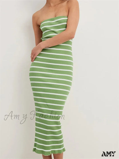 Amy Fashion - Women Bodycon Striped Strapless Off Shoulder Backless Tube Summer Split Knitted Party