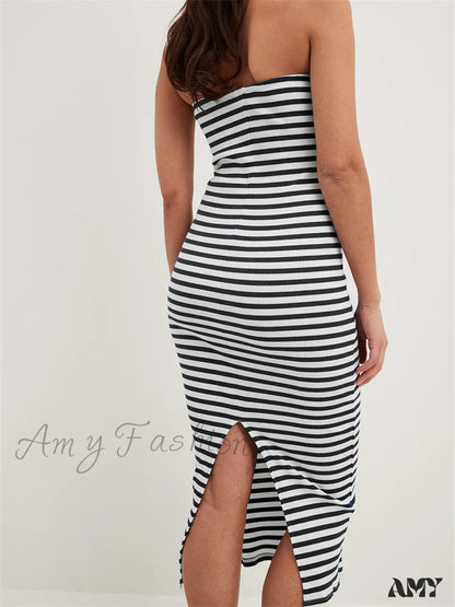 Amy Fashion - Women Bodycon Striped Strapless Off Shoulder Backless Tube Summer Split Knitted Party