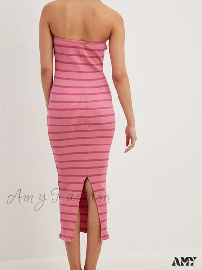 Amy Fashion - Women Bodycon Striped Strapless Off Shoulder Backless Tube Summer Split Knitted Party