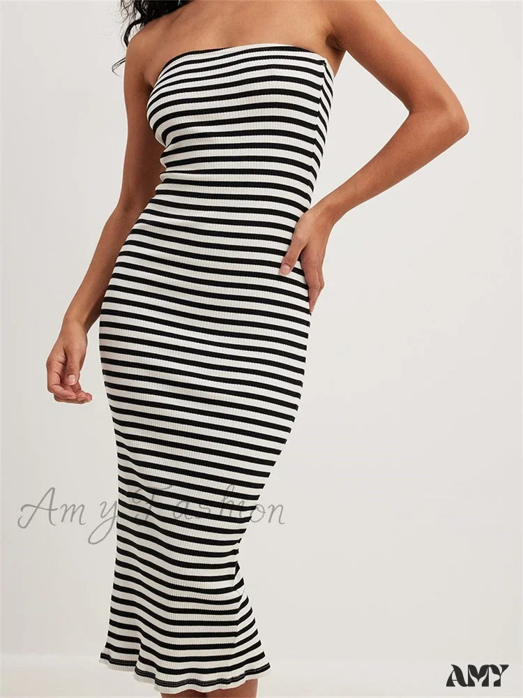 Amy Fashion - Women Bodycon Striped Strapless Off Shoulder Backless Tube Summer Split Knitted Party