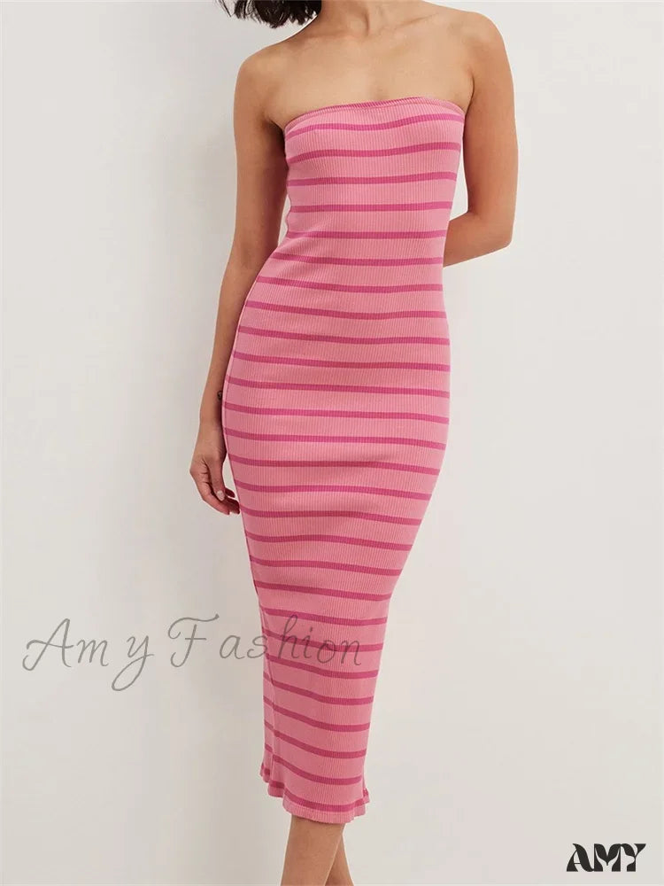 Amy Fashion - Women Bodycon Striped Strapless Off Shoulder Backless Tube Summer Split Knitted Party