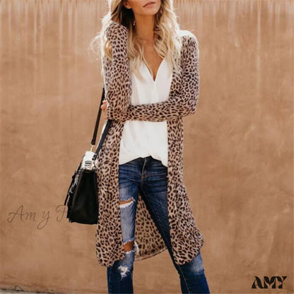 Amy Fashion - Women Cardigan Long Sleeve Leopard Kimono Shawl Loose Coat