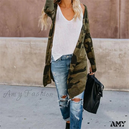 Amy Fashion - Women Cardigan Long Sleeve Leopard Kimono Shawl Loose Coat Camouflage / S