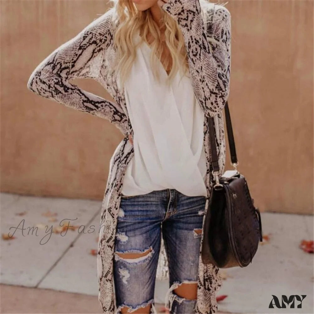 Amy Fashion - Women Cardigan Long Sleeve Leopard Kimono Shawl Loose Coat Snake / S