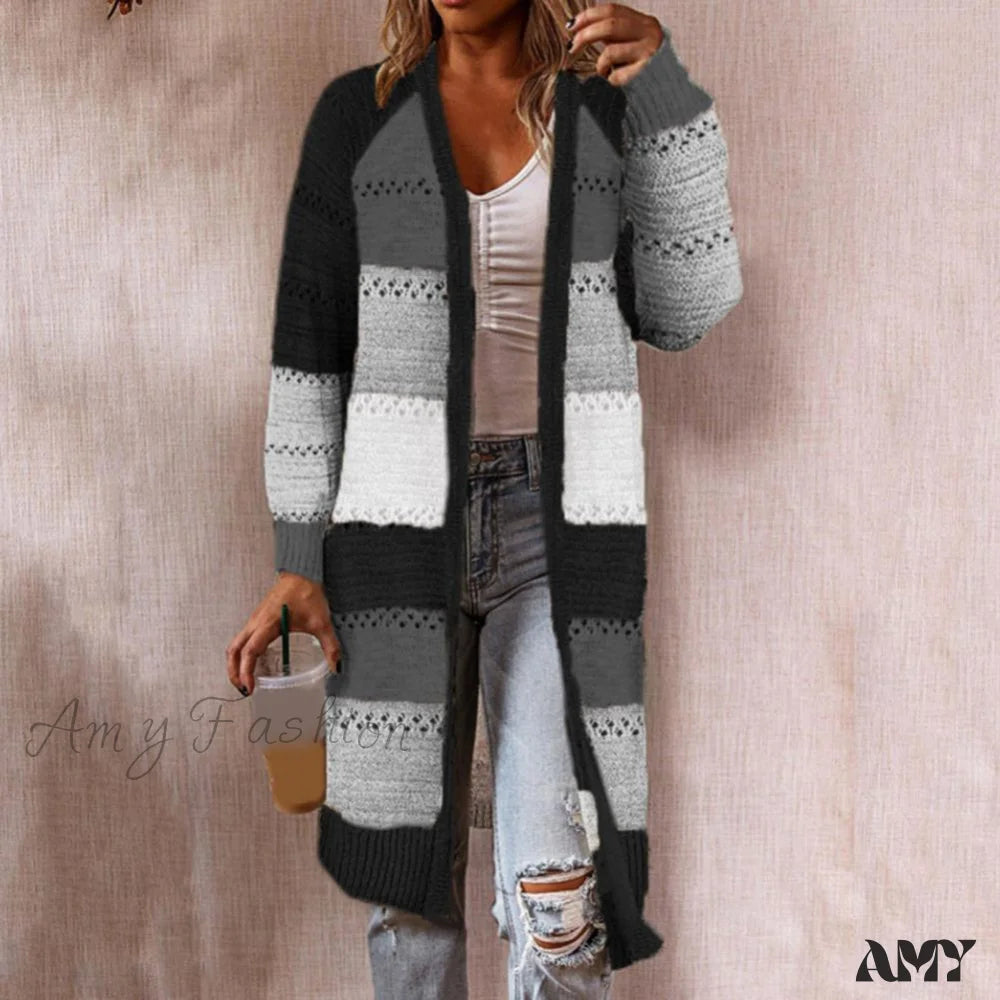 Amy Fashion - Women Cardigan Striped Comfy Patchwork Polyester Sweater