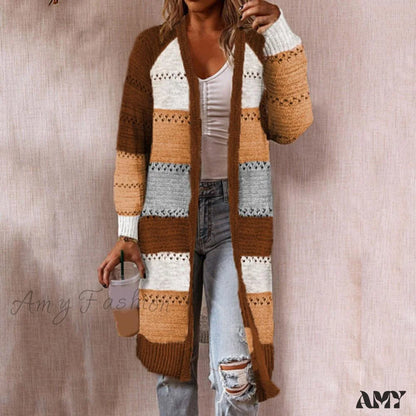 Amy Fashion - Women Cardigan Striped Comfy Patchwork Polyester Sweater