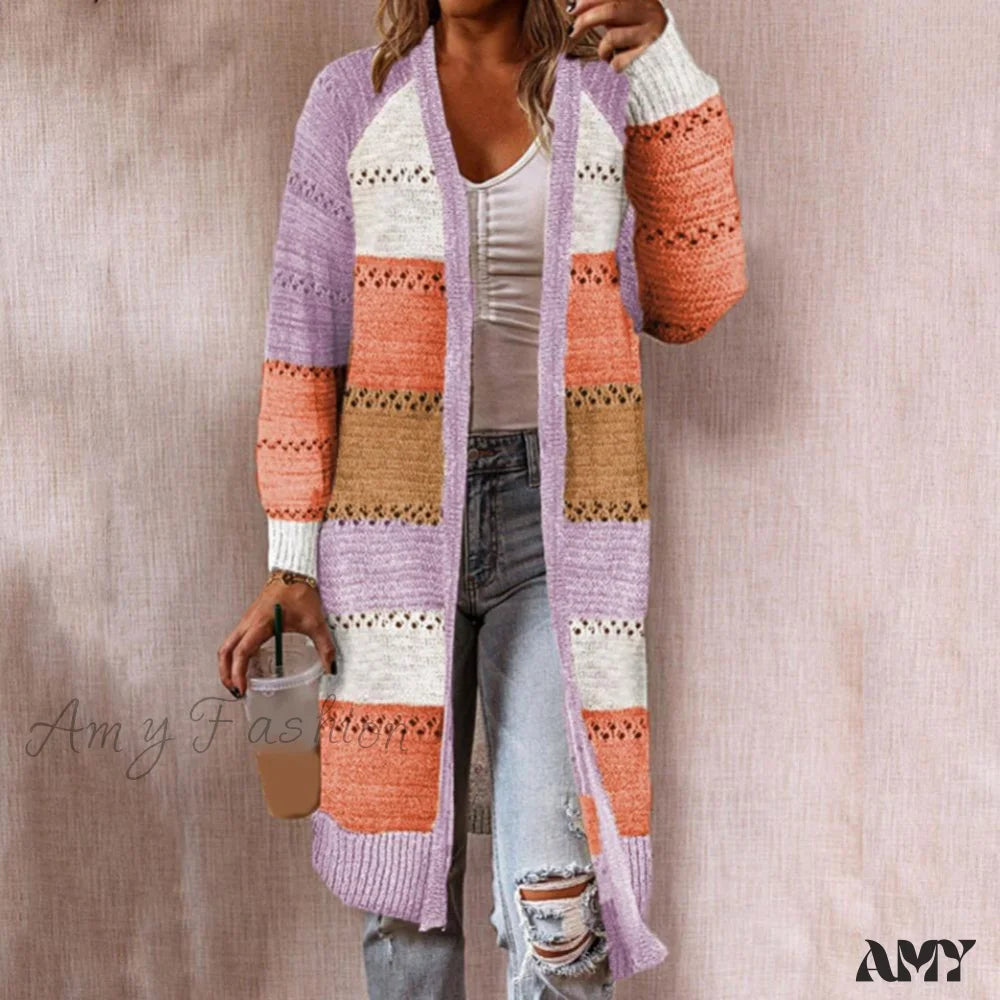 Amy Fashion - Women Cardigan Striped Comfy Patchwork Polyester Sweater