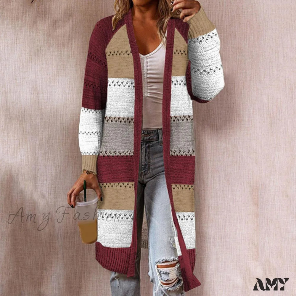 Amy Fashion - Women Cardigan Striped Comfy Patchwork Polyester Sweater