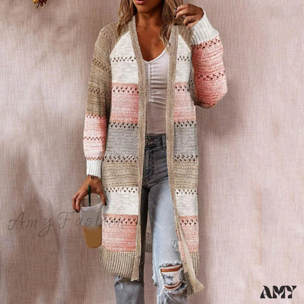 Amy Fashion - Women Cardigan Striped Comfy Patchwork Polyester Sweater