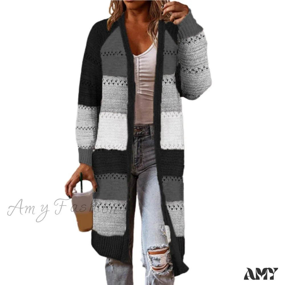 Amy Fashion - Women Cardigan Striped Comfy Patchwork Polyester Sweater Black / M