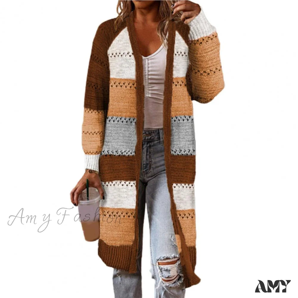 Amy Fashion - Women Cardigan Striped Comfy Patchwork Polyester Sweater Brown / M