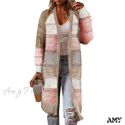 Amy Fashion - Women Cardigan Striped Comfy Patchwork Polyester Sweater Khaki / M