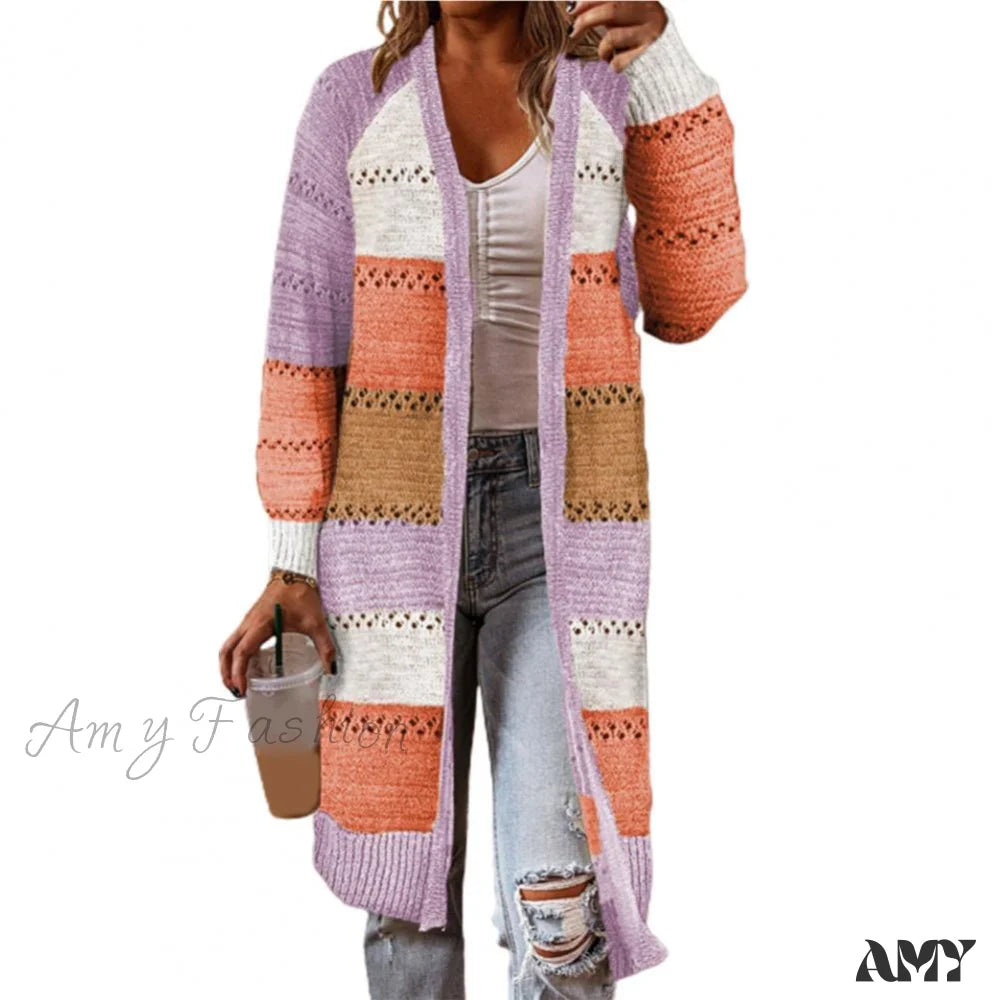 Amy Fashion - Women Cardigan Striped Comfy Patchwork Polyester Sweater Purple / M