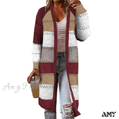 Amy Fashion - Women Cardigan Striped Comfy Patchwork Polyester Sweater Wine Red / M