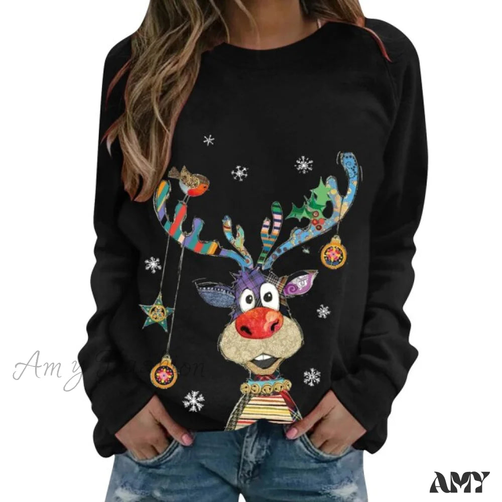 Amy Fashion - Women Casual Cartoon Print Long Sleeve Sweater Black / S