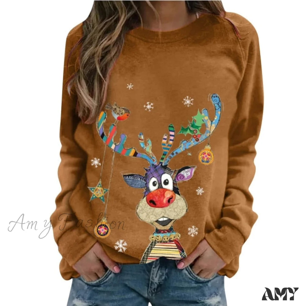 Amy Fashion - Women Casual Cartoon Print Long Sleeve Sweater Dark Brown / S