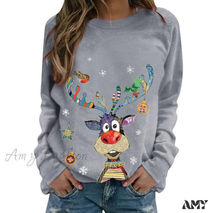 Amy Fashion - Women Casual Cartoon Print Long Sleeve Sweater Gray / S