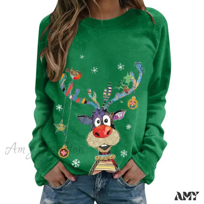 Amy Fashion - Women Casual Cartoon Print Long Sleeve Sweater Green / S