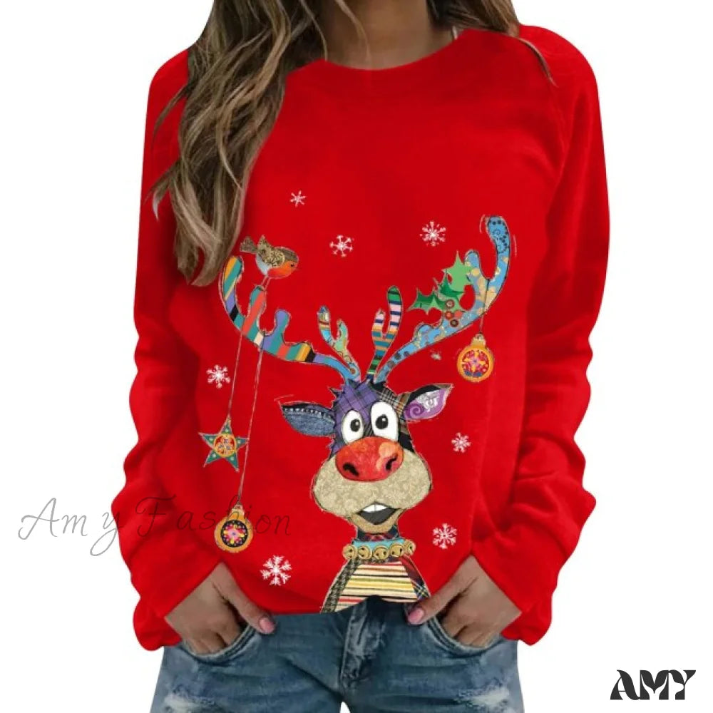 Amy Fashion - Women Casual Cartoon Print Long Sleeve Sweater Red / S