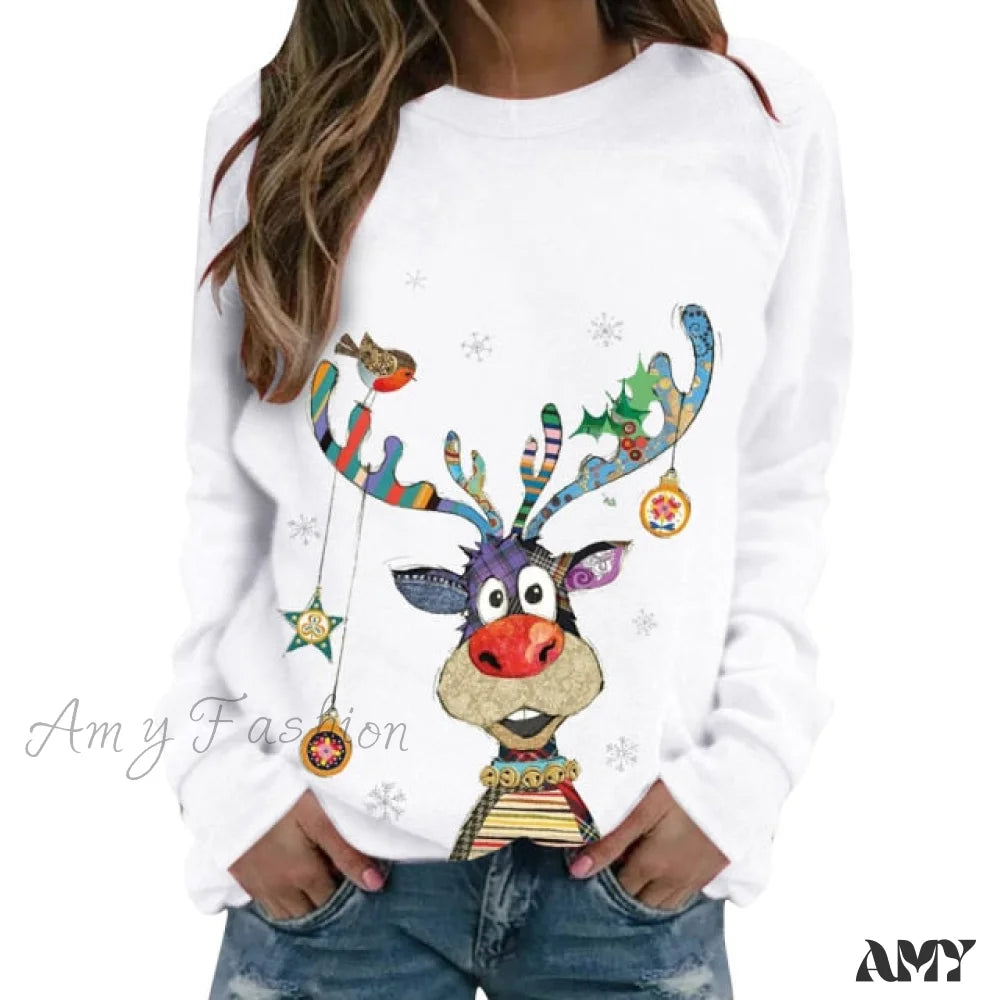 Amy Fashion - Women Casual Cartoon Print Long Sleeve Sweater White / S