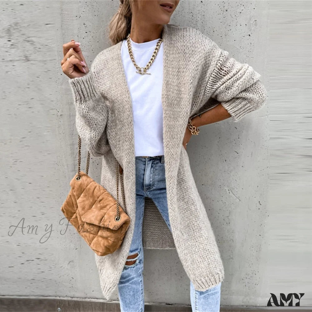 Amy Fashion - Women Casual Long Sleeve O-Neck Cardigan Solid Loose Knit Coats 03 Grey / S