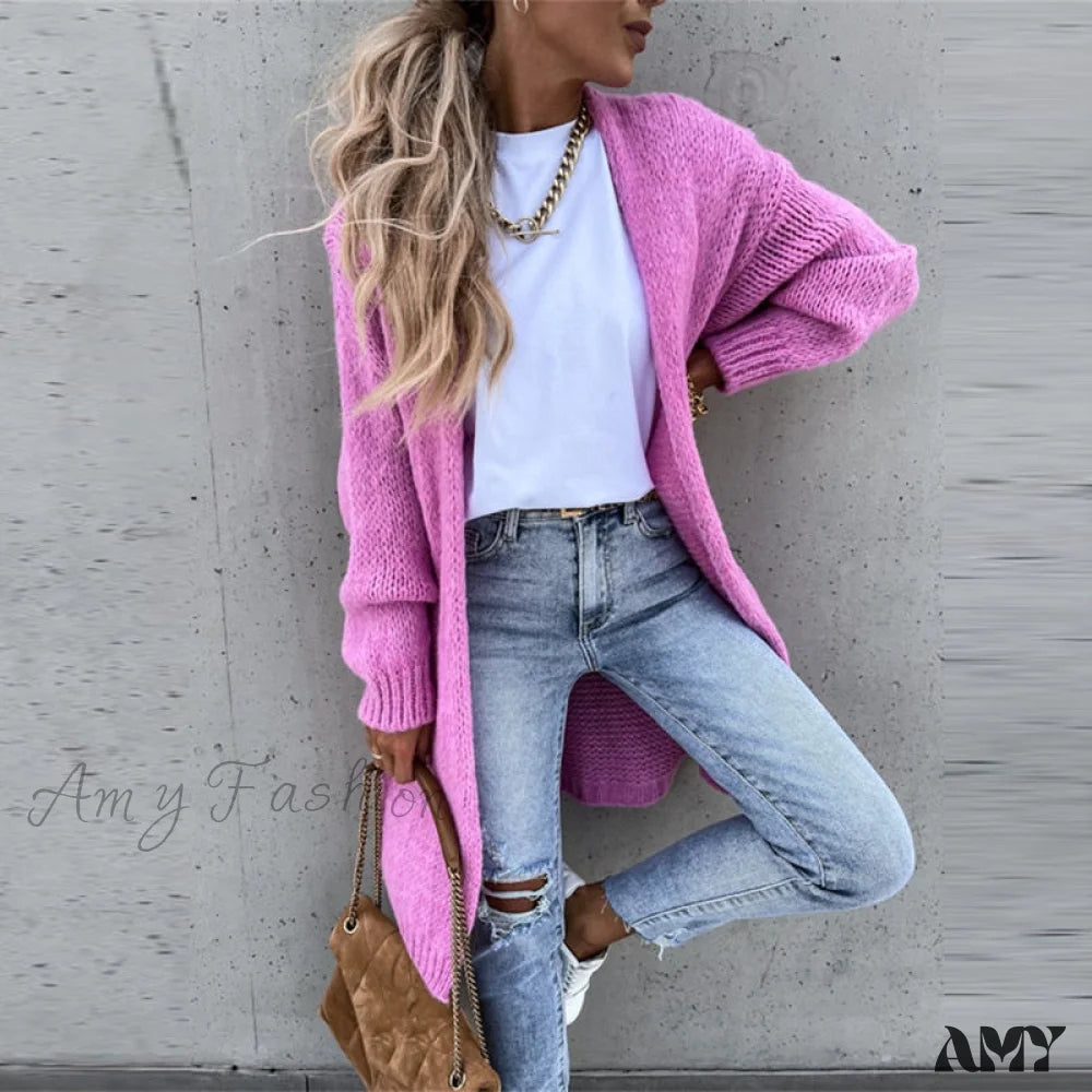 Amy Fashion - Women Casual Long Sleeve O-Neck Cardigan Solid Loose Knit Coats