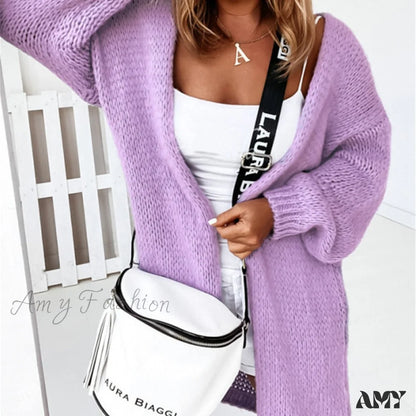 Amy Fashion - Women Casual Long Sleeve Sweaters Winter Loose Cardigan 08 Purple / S