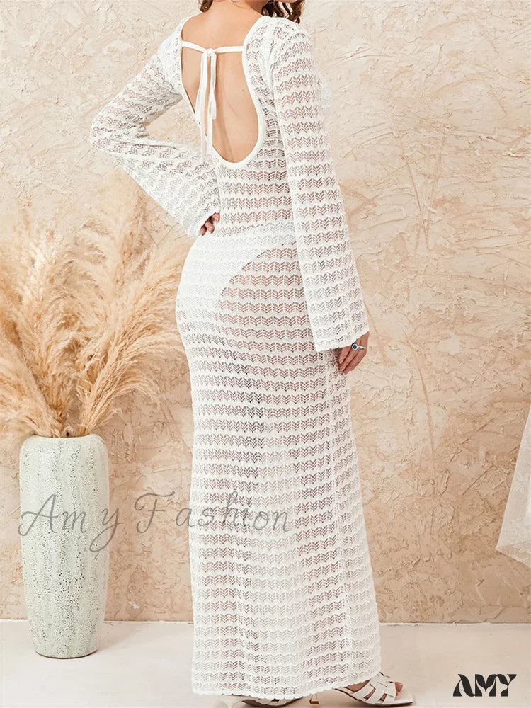 Amy Fashion - Women Crochet Knitted Casual Sleeve Round Neck Backless Tie-Up Solid Hollow Out Beach