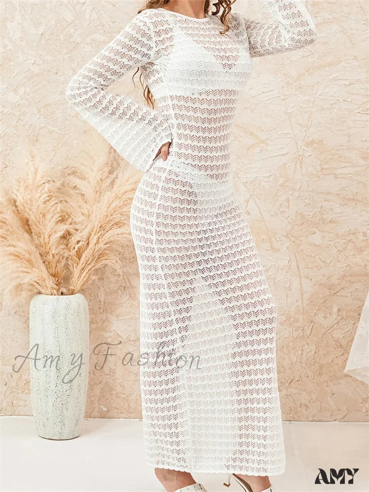 Amy Fashion - Women Crochet Knitted Casual Sleeve Round Neck Backless Tie-Up Solid Hollow Out Beach