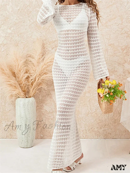 Amy Fashion - Women Crochet Knitted Casual Sleeve Round Neck Backless Tie-Up Solid Hollow Out Beach