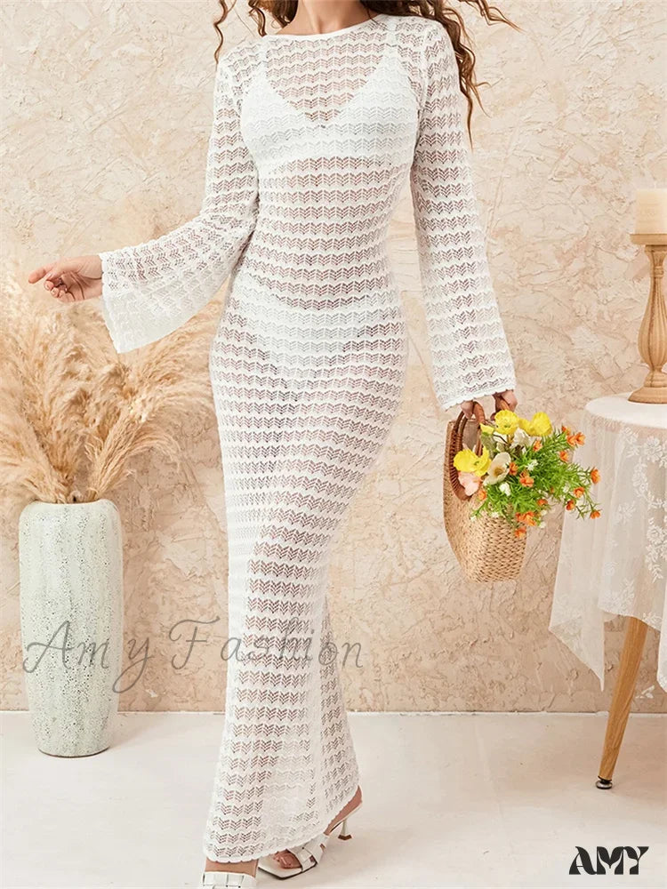 Amy Fashion - Women Crochet Knitted Casual Sleeve Round Neck Backless Tie-Up Solid Hollow Out Beach