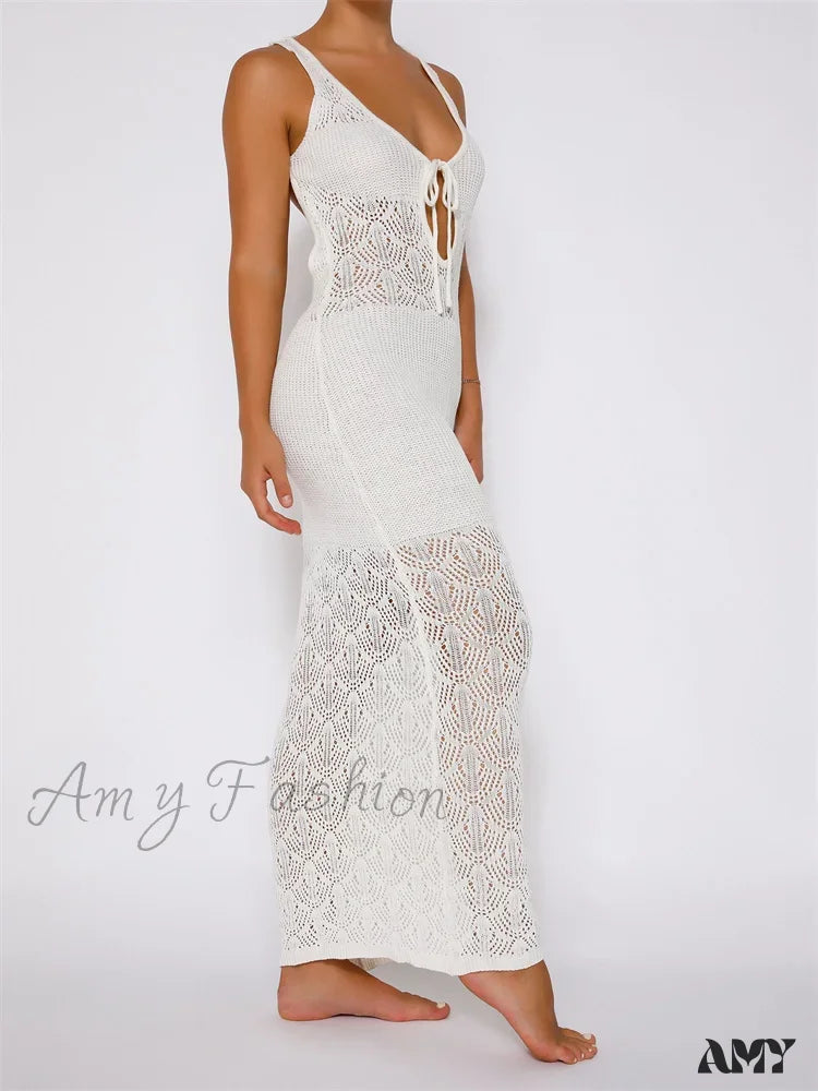 Amy Fashion - Women Crochet Knitted Hollow Out Backless Spaghetti Strap Halter Lace-Up Beachwear