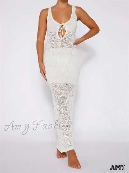 Amy Fashion - Women Crochet Knitted Hollow Out Backless Spaghetti Strap Halter Lace-Up Beachwear