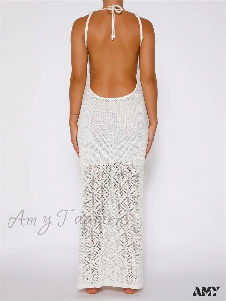 Amy Fashion - Women Crochet Knitted Hollow Out Backless Spaghetti Strap Halter Lace-Up Beachwear