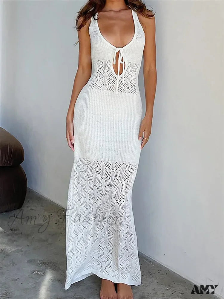 Amy Fashion - Women Crochet Knitted Hollow Out Backless Spaghetti Strap Halter Lace-Up Beachwear