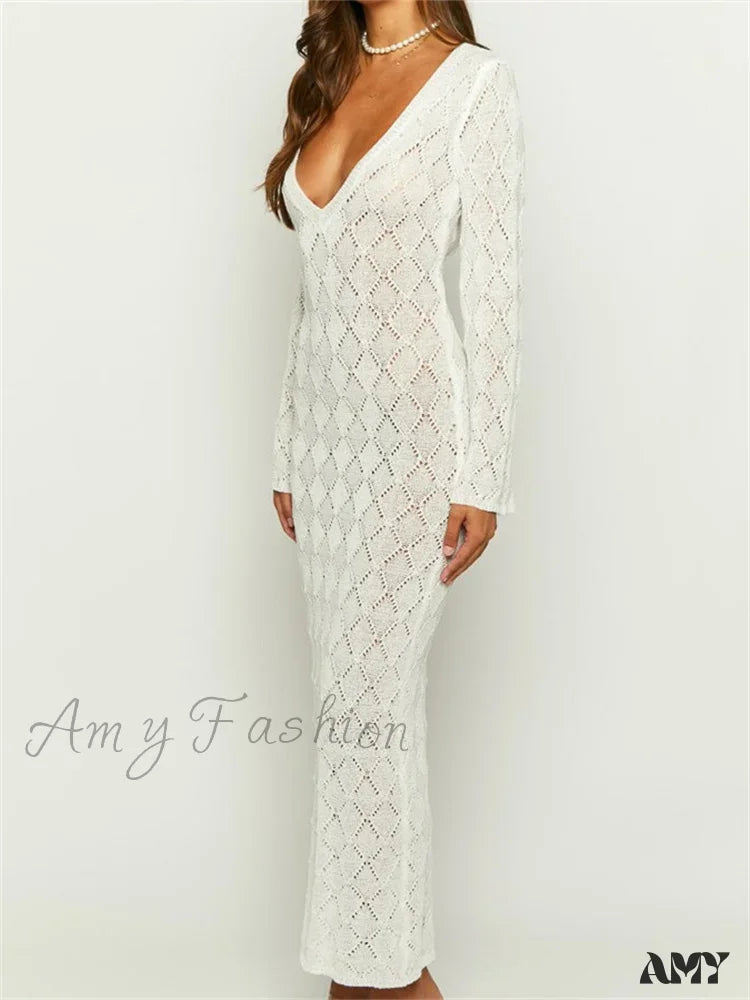 Amy Fashion - Women Crochet Knitted Sleeve Hollow Out V-Neck Backless Lace-Up Beach Cover Ups