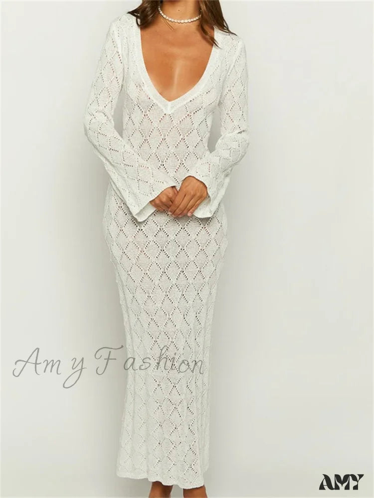 Amy Fashion - Women Crochet Knitted Sleeve Hollow Out V-Neck Backless Lace-Up Beach Cover Ups